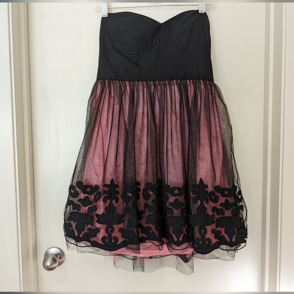 Modcloth Minuet Midnight Blush Strapless Black and Pink Dress in Large